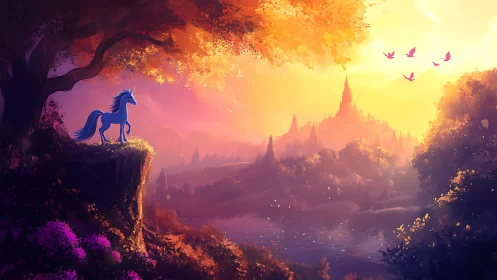 Blue unicorn overlooking golden fantasy valley at dawn.