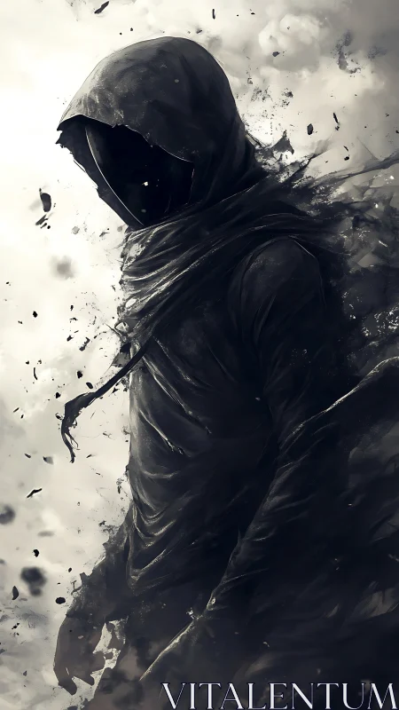 Hooded voidwalker emerging from storm-torn shadows.