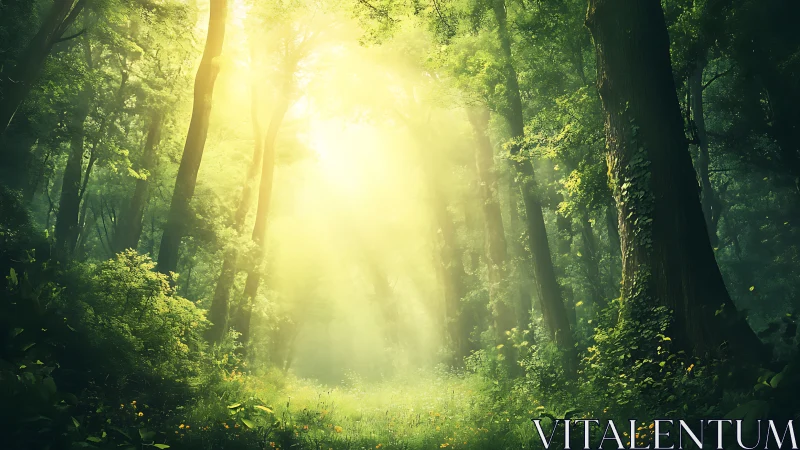 Sunlit Forest Path with Golden Light Through Dense Trees.