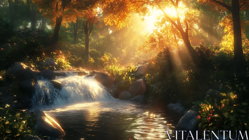 Forest stream with small waterfall under strong sunlight.