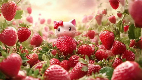 3D-Rendered Anthropomorphic Cat Surrounded by Photorealistic Strawberry Plants