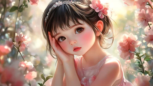 Anime floral portrait of dreamy girl in soft-focus garden light.