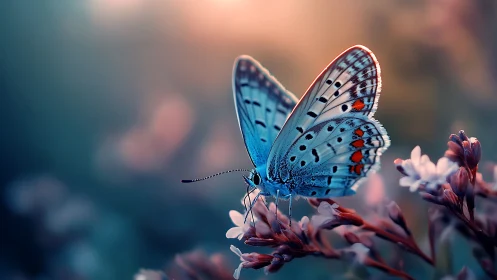 Blue butterfly resting on flowers in soft sunset glow.