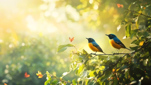Two Colorful Songbirds on Sunlit Branch in Lush Nature Scene.