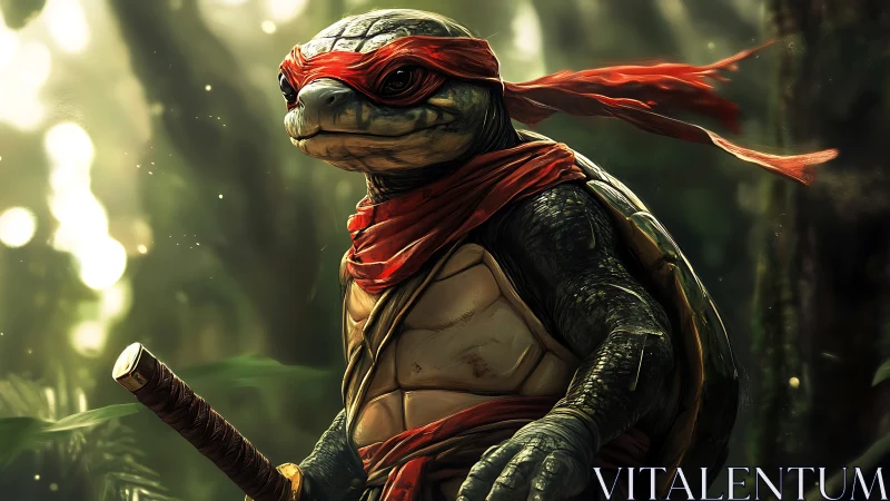 Anthropomorphic turtle warrior with red bandana in forest.