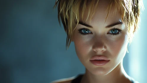 Close frontal portrait shows blue-eyed subject in sharp focus