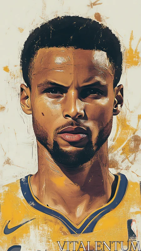 Basketball player portrait in yellow uniform on light ground.