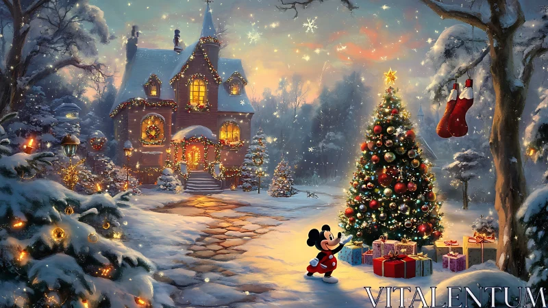 Mickey Mouse explores luminous snowy Christmas cottage garden.