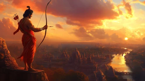 Warrior archer overlooking sunlit river kingdom skyline.