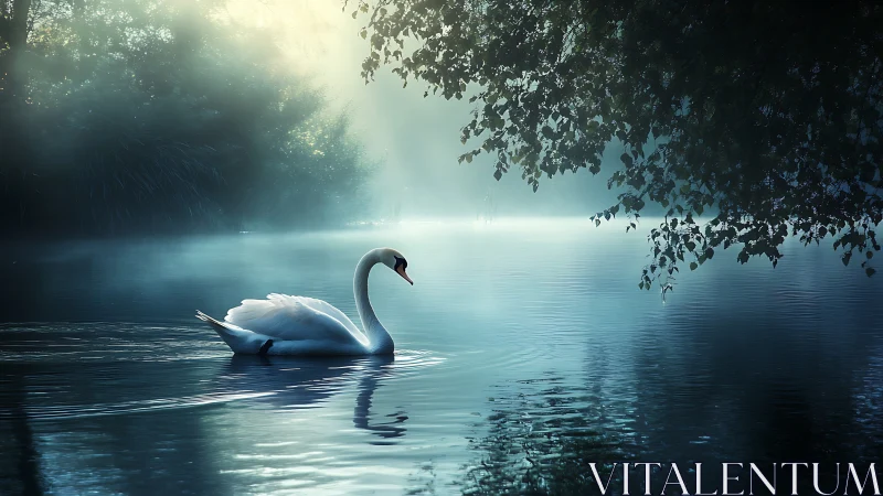 Solitary swan drifts through misty sapphire morning hush