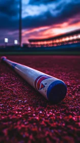 Baseball bat rests on vivid red turf under stadium sunset