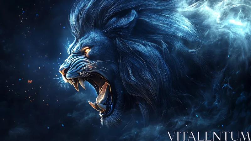Roaring cosmic lion emerges from swirling blue starlight