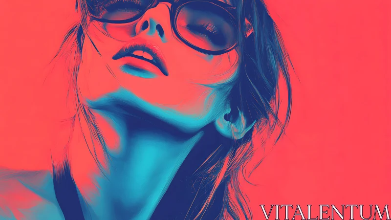 Neon duotone portrait of woman in oversized sunglasses.