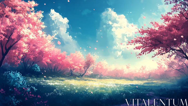 Vibrant spring meadow under blooming pink trees and drifting petals