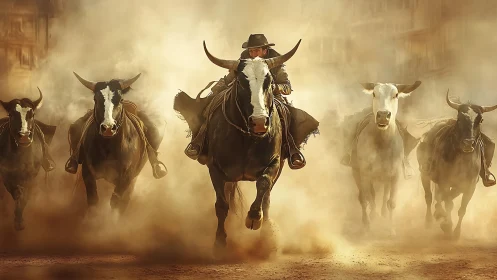 Cowboy driving longhorn cattle through cinematic dust storm.