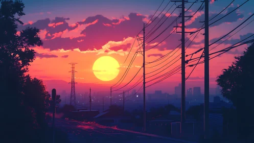 Urban power lines intersect low sun over distant cityscape