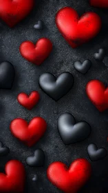 Three-Dimensional Rendered Hearts with Metallic Surface Textures Against Textured Stone Background