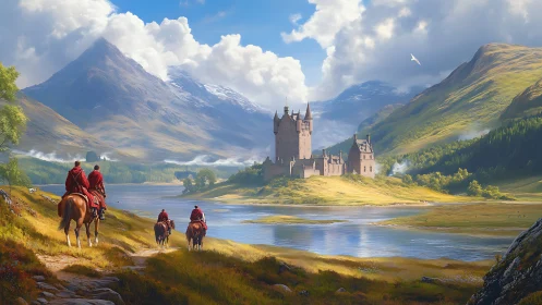Medieval riders approach sunlit highland castle by lake