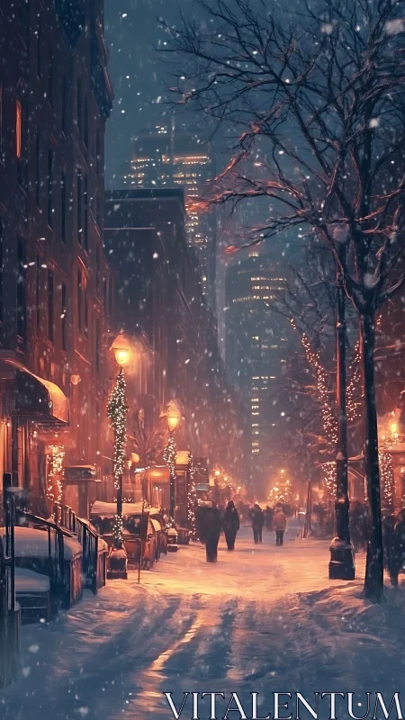 Snowy city street glows with warm winter evening lights