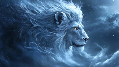 Celestial ice lion profile amid stormlit cosmic winds.