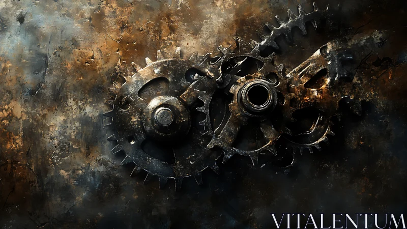 Rusty interlocking metal gears on dark grunge surface.