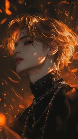 Golden lit portrait of androgynous figure in dark attire.