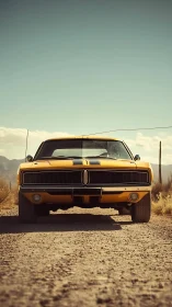 Photorealistic frontal study of vintage muscle car on desert road.