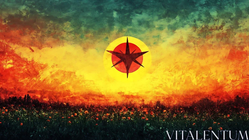 Compass star symbol over textured sunset landscape field