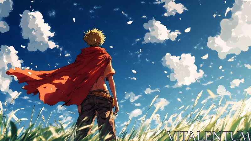 Red-caped youth stands in windy field under bright summer sky
