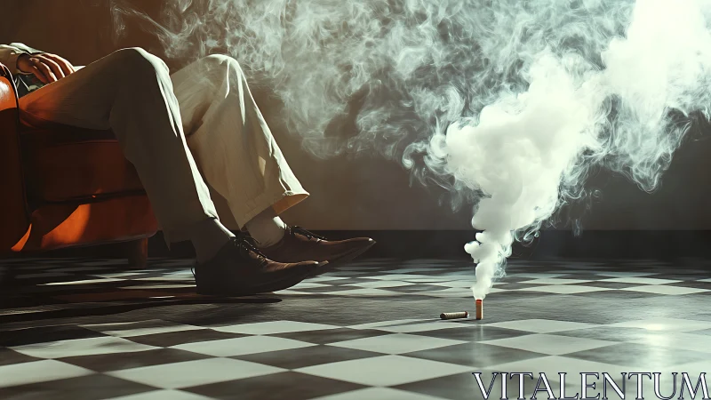 Elegant smoker in haze over checkerboard floor scene.
