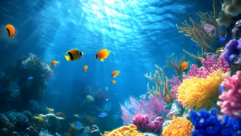 Sunlit coral reef alive with playful tropical fish delight.