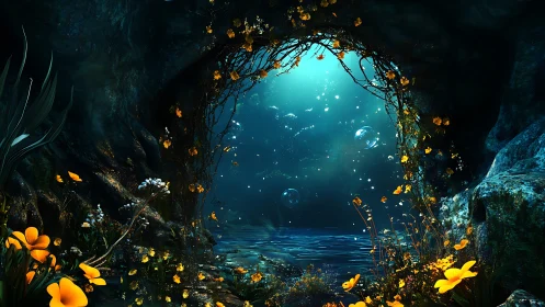 Luminous underwater grotto crowned with golden wildflower portal.