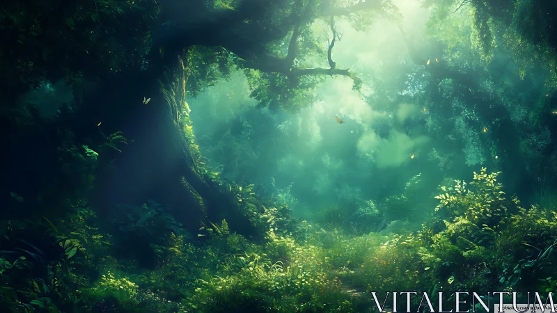 Enchanted forest clearing with volumetric light rays through verdant canopy