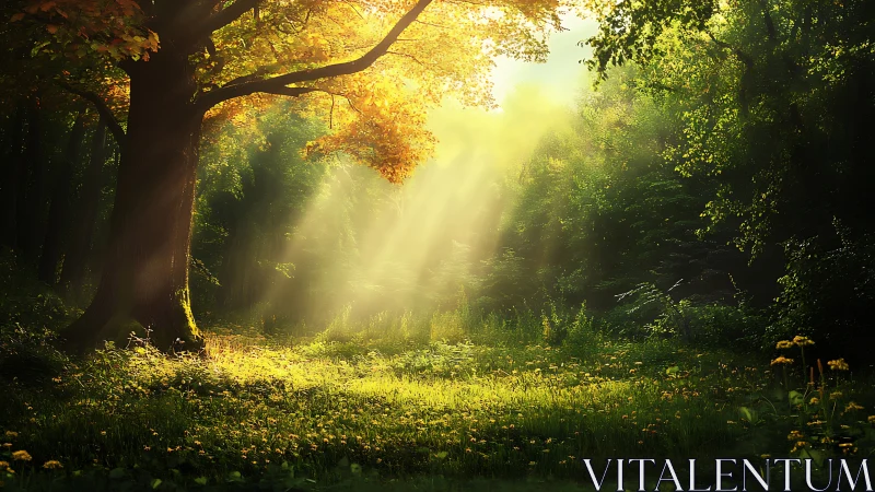 Sunlit Forest Clearing with Lush Greenery in Dreamy Light.