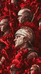 Layered Roman legionary profiles emerge from dense red floral field