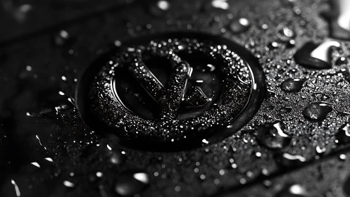 Wet circular emblem in high contrast macro view.
