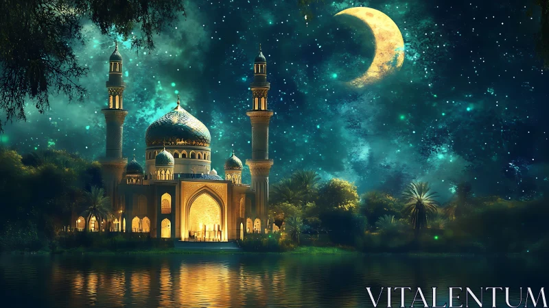 Fantasy palace under crescent moon with luminous night sky.