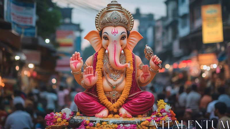Vibrant Ganesha idol in festive street procession bokeh.