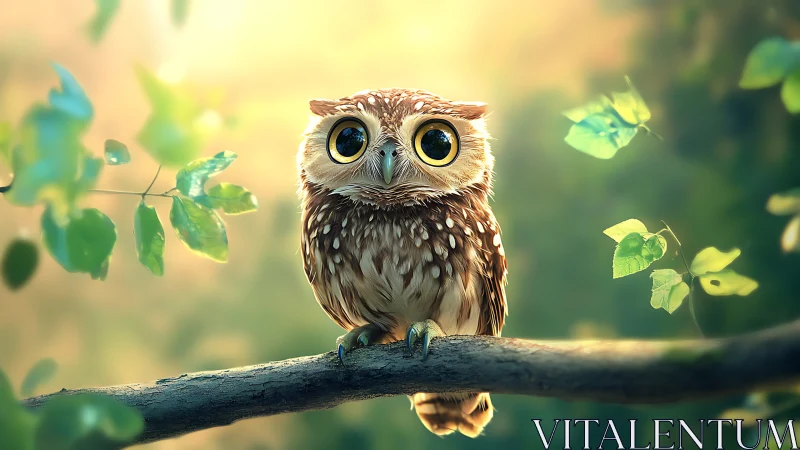 Wide-eyed baby owl perched on branch in magical forest scene.