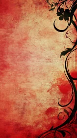 Red textured background with black floral border graphic.