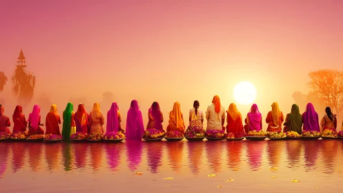 Women in Colorful Saris at Riverbank During Sunset, Vibrant Style.