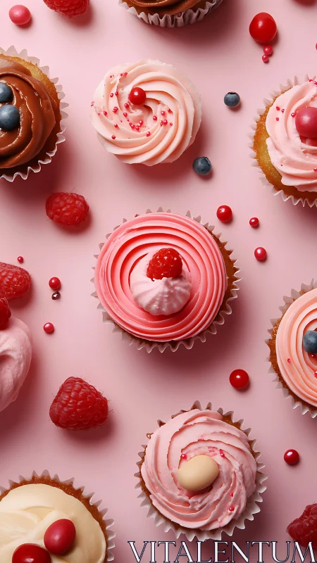 Pink Frosted Cupcakes with Fresh Berries Against Pastel Background.