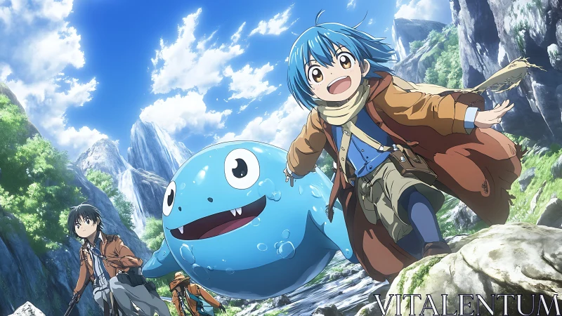 Anime kids run with blue creature through rocky mountain valley