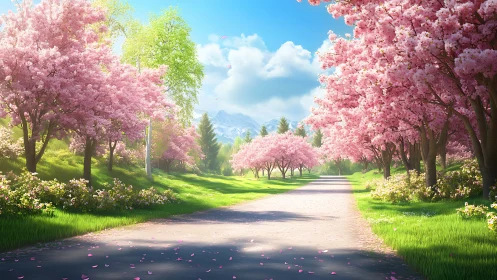 Cherry tree lined pathway shows bright spring landscape