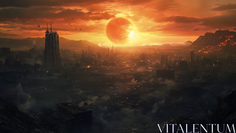 Apocalyptic skyline under oversized sun with burning industrial ruins