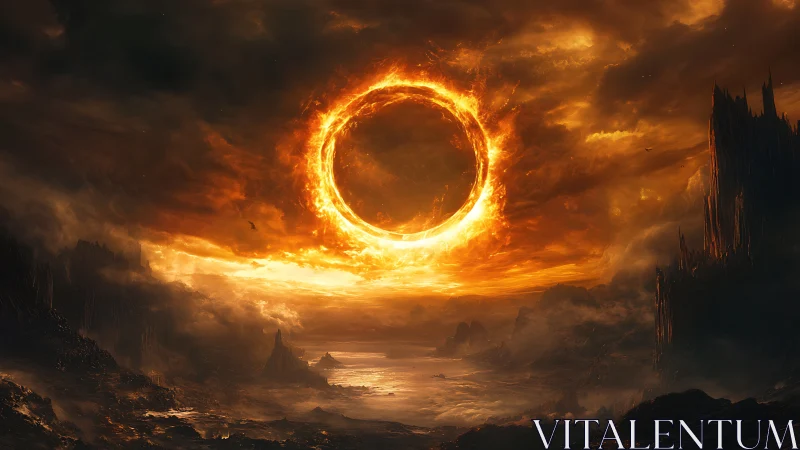 Fiery celestial ring ignites a dark apocalyptic landscape.