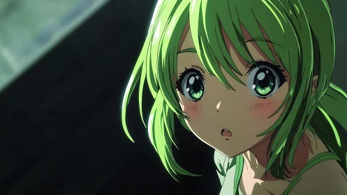 Green-haired anime girl in raking light, high-detail rendering.