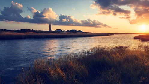 Sunset river bends toward distant lighthouse and horizon.