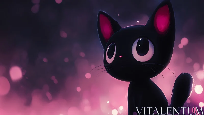 Black Cat with Luminous Pink Eyes in Bokeh Background