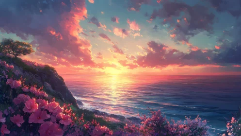 Luminous coastal sunset with florally saturated cliff strata.